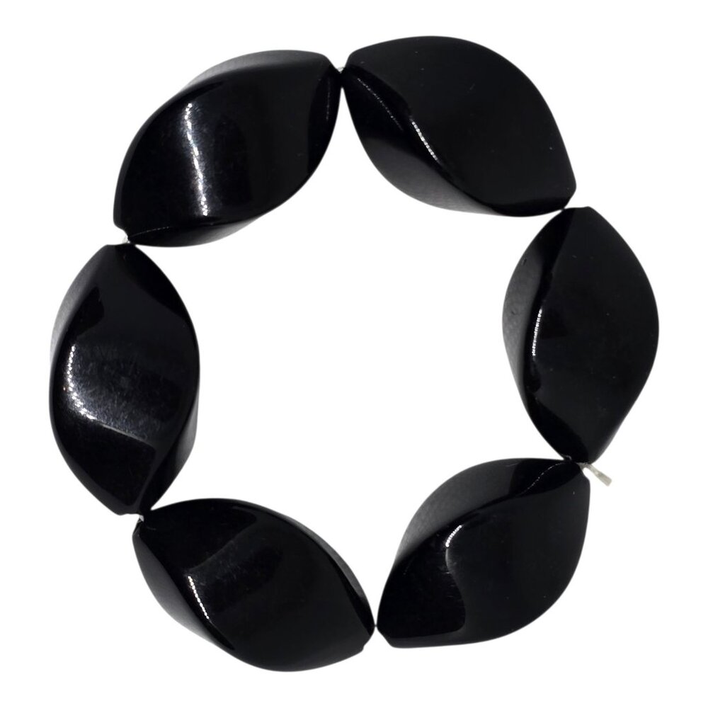 Black Resin Beaded Stretch Bracelet With Twisted Oval Beads